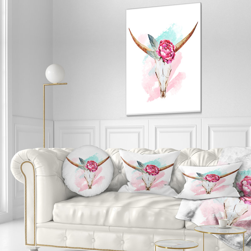 Coussin de crâne et de fleur floral bull, 18 po x 18 po, Coussin décoratif