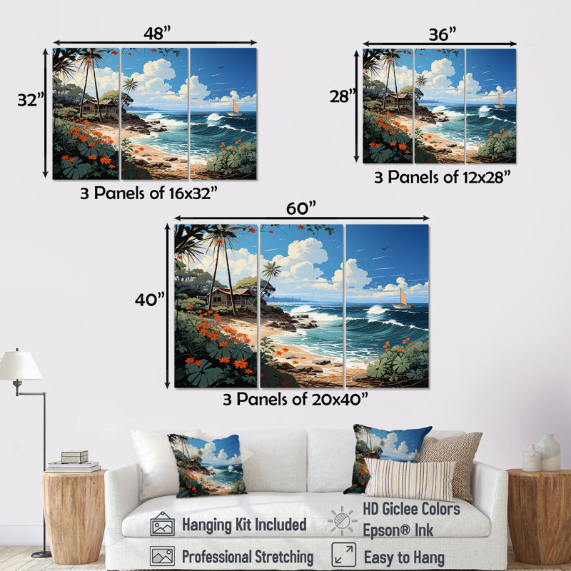 Turquoise Seaside Trek II - ensemble d'art mural vélo, H 28 po x l 36 po x P 1 po