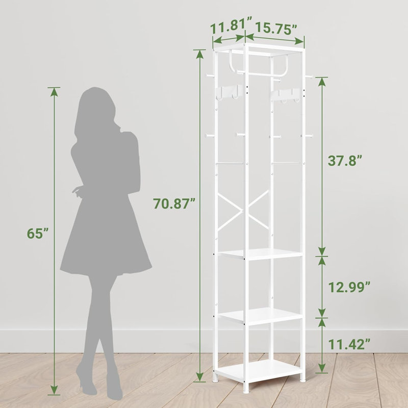 Independent Coat Rack, Hall Tree, With 3 Storage Racks And 12 Hooks, White