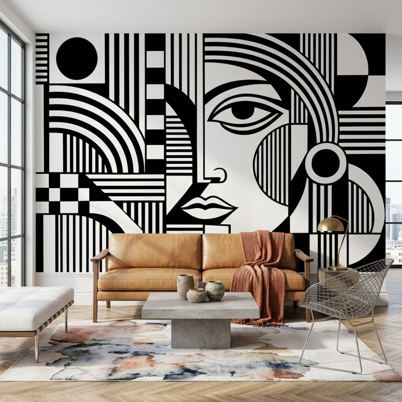 Papier peint géométrique monochrome à motif mural, 160"x108", Non-Woven Nonpasted