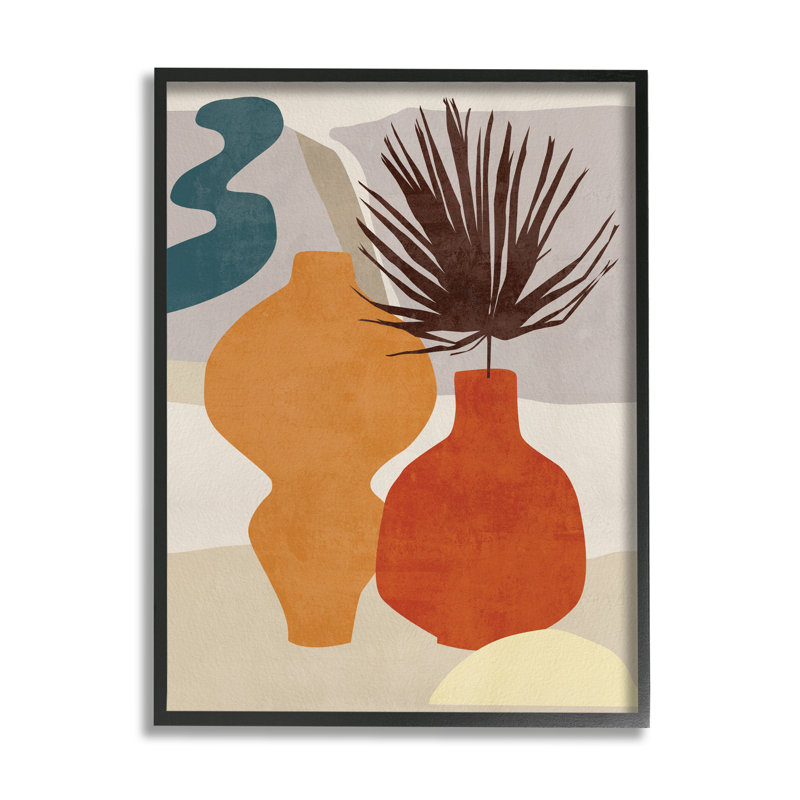Vases rétro décorés de tons de terre abstraits, H 20 po x l 16 po, Giclée encadrée noir minuit