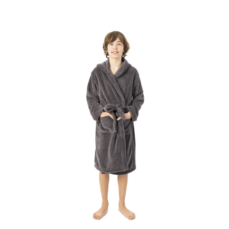 Kids' XL Gray Microfiber Plush Fleece Hooded Bathrobe