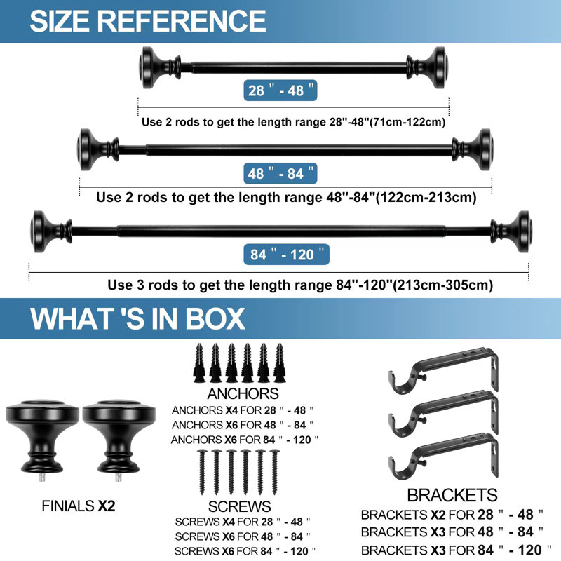 Gottlieb Steel Adjustable Single Curtain Rod, 28" - 48" W, Black