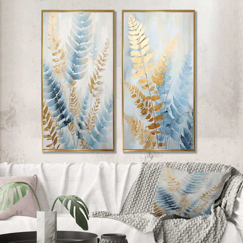 Ensemble de 2 décorations murales bleues et dorées, Encadrement doré, H 32 po x l 33 po