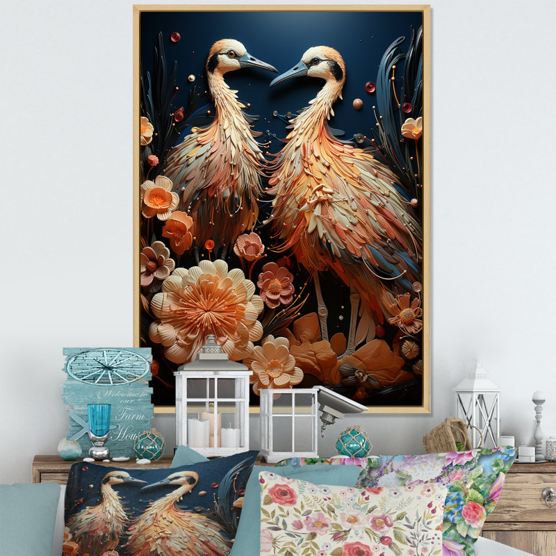 " Ostriches Reverie Delight ", 44" H x 34" W x 1.5" D, Natural Floater Framed