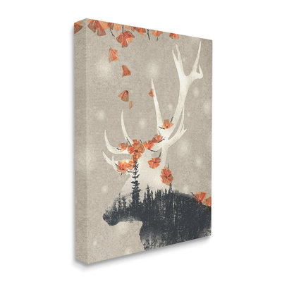 «Tree Forest Elk Silhouette Orange Florals» par Ziwei Li - impression d'art graphique