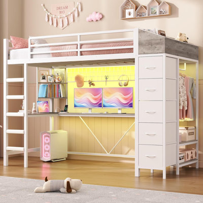 Loft Bed with Desk for Kids & Teens, High Sleeper with Computer Desk for Kids' Room, Small Space, Game Room, Includes LED Lights