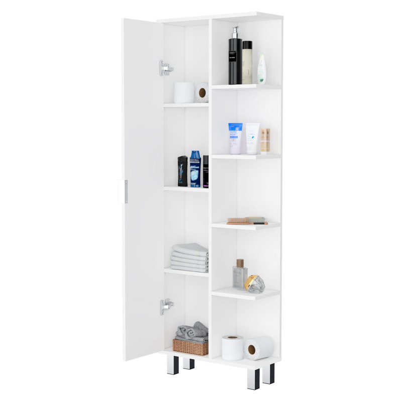 White 1-door Linen Cabinet For Bathroom Area - 9 Shelves, Graceful Enhancement, Wood Feature In Style Advancement, Trait
