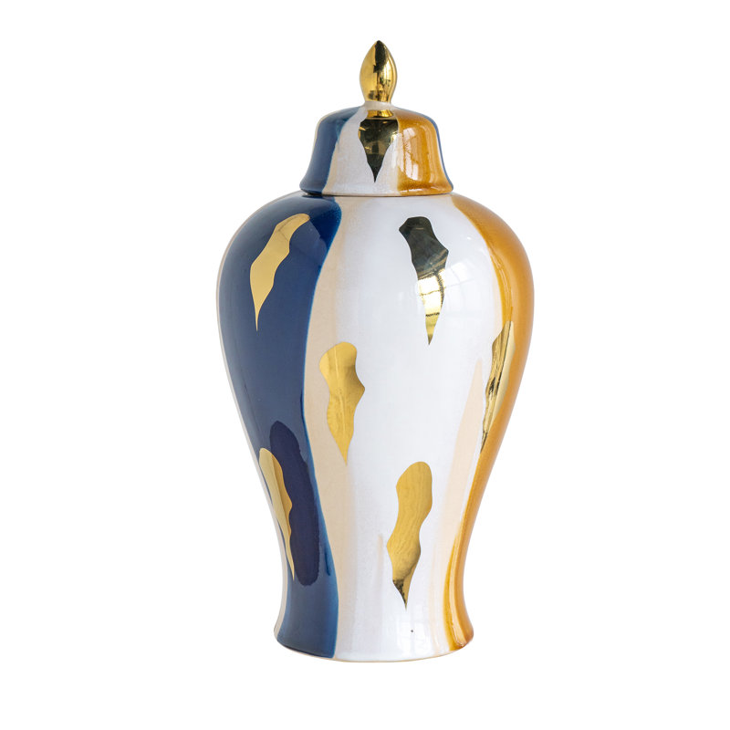 Pot en céramique courbé avec une finition artistique multicolore, Bleu / Jaune / Blanc, H 19,1 po x l 9,8 po x P 9,8 po