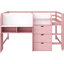 Lit mezzanine bas rose pleine grandeur avec bureau intégré, bibliothèque ouverte, armoires de rangement, tableau blanc, marqueurs et lit de décoration de chambre efficace, rose, avec garde-corps spacieux et encastré-128716308