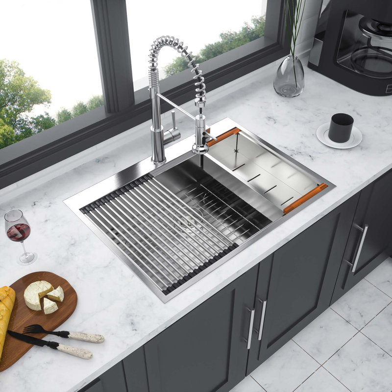 Évier de cuisine encastré 33 po - 33 po x 22 po Évier de cuisine à cuve simple à montage sur comptoir en acier inoxydable calibre 16