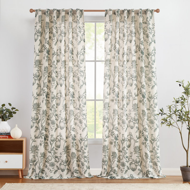 Nathnael Linen Blend Toile Semi-Sheer Curtain Panel Pair , Dark Green, 50" W x 96" L