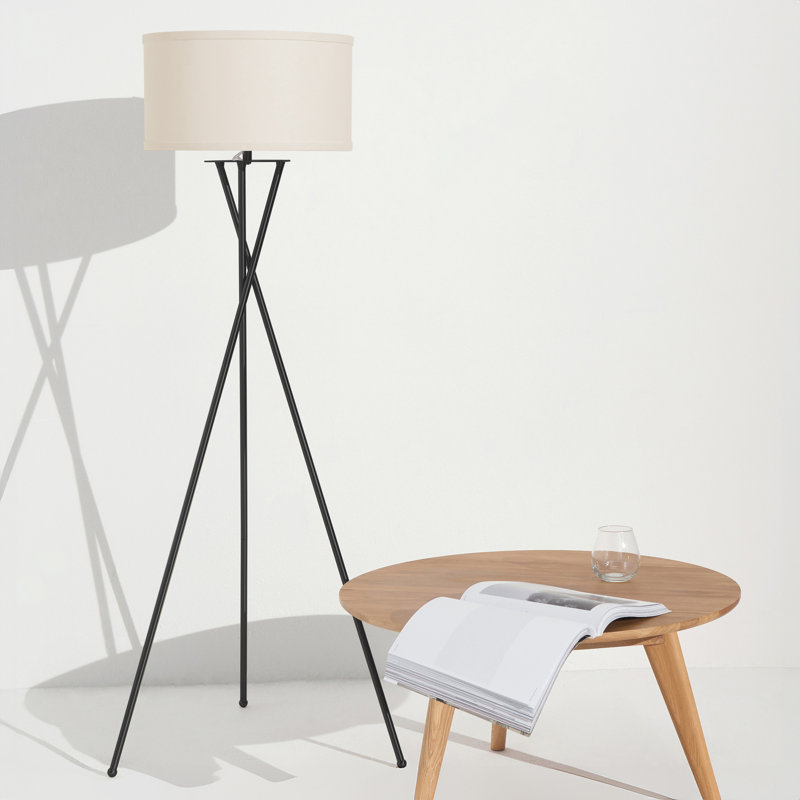 Jaxon 60 in. Mid-Century Modern LED Energy Efficient Floor Lamp with Tan Fabric Drum Shade and Black Tripod Legs, Matte Black