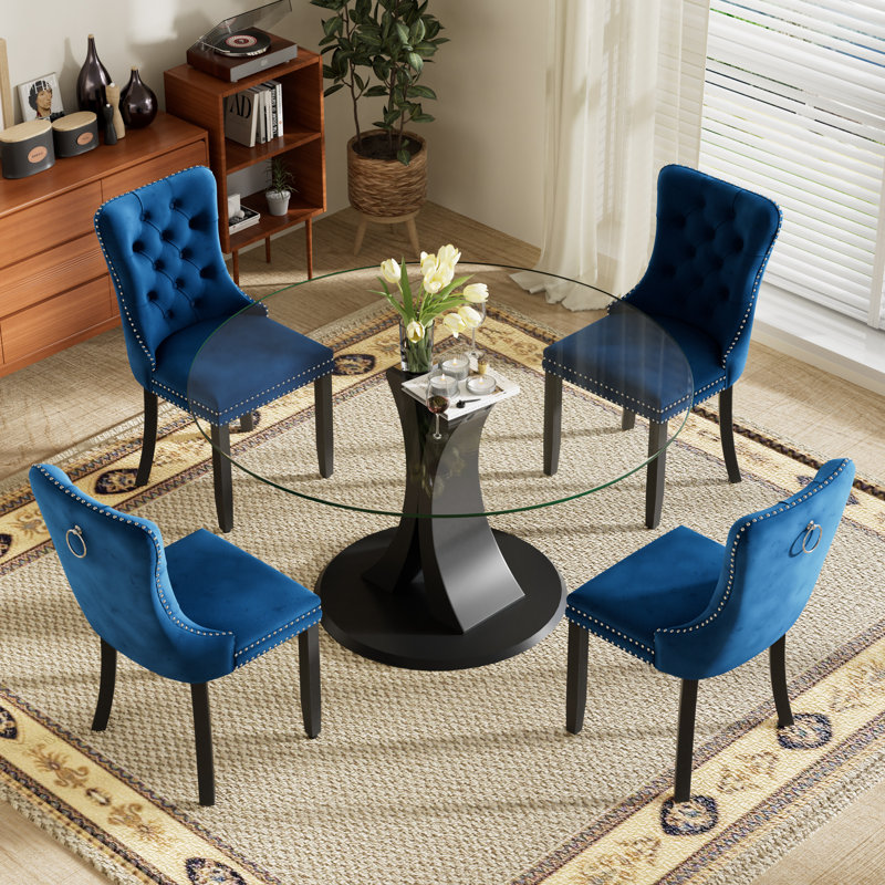 4-Piece Round Pedestal Dining Set, Blue, 29.5" H x 47" W x 47" D, Clear