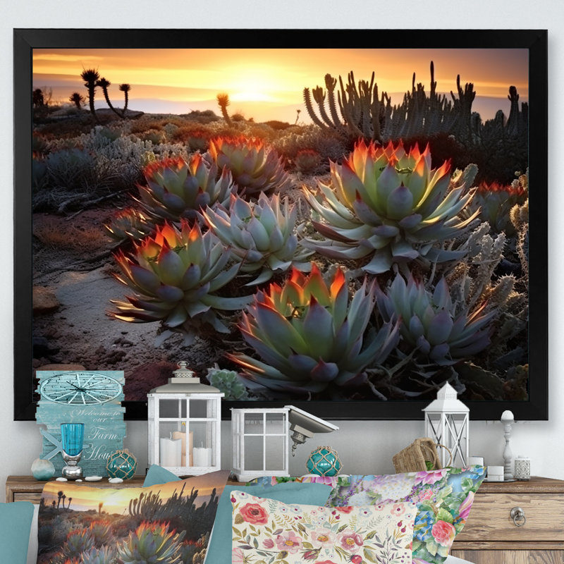 «Succulent Desert Cactus Field Burning Sunset III» - Art mural succulent, H 24 po x l 32 po x P 1 po, Cadre simple noir