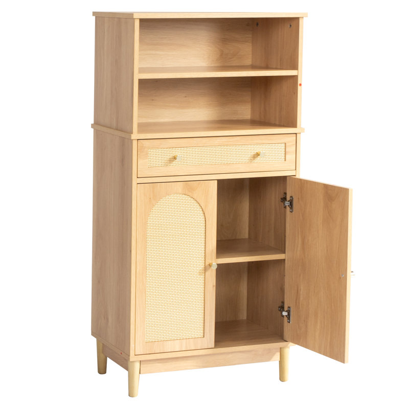 Armoire de rangement en chêne 1 tiroir 2 portes 4 niveaux avec surface en rotin