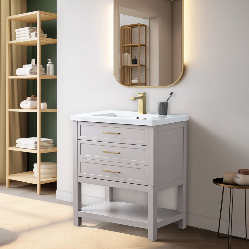 Vicini 30'' Single Vanity with Ceramic Top, Taupe / Brushed Gold