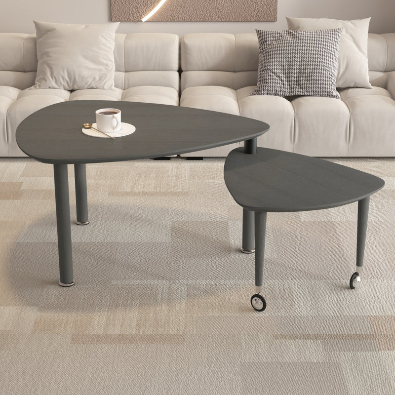 Tables basses gigognes rotatives 2 pièces en forme de larme, table d'appoint coulissante avec panneau de fibres à densité moyenne et pieds en bois d'hévéa massif pour balcon de chambre à coucher, gris