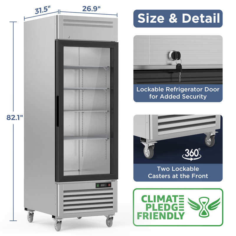 Coolake 27” W Glass Doors Commercial Display Freezer, 23 Cu.ft Stainless Steel Auto-defrost Merchandiser Freezer, Reach-in Upright Freezers With Led Lighting For Restaurant Retail Shop Store Home Office