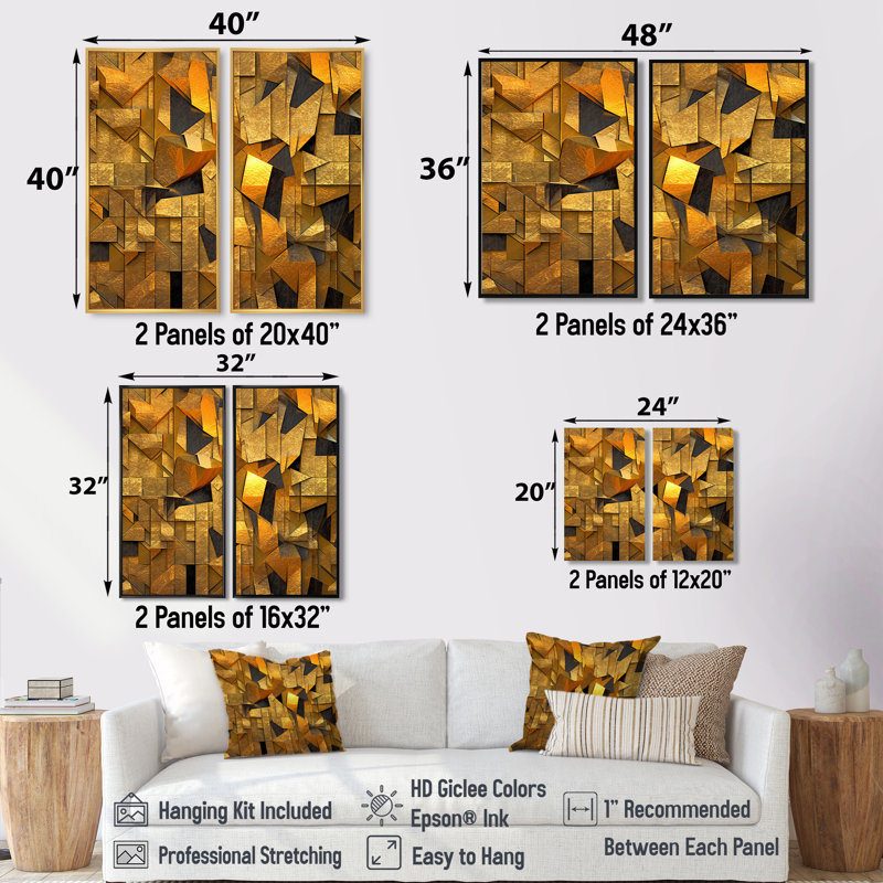 Or noir fractal marée VI - art mural moderne sur toile 2 panneaux, Noir, H 36 po x l 48 po, Impression encadrée flottante