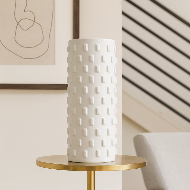 Handmade White Ceramic Textured Cylinder Vase – Modern Porcelain Decorative Accent for Entryway or Living Room