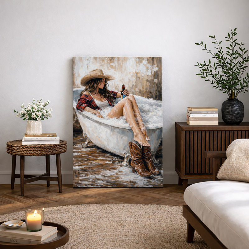 Illustration de style de vie rustique de style «Western Cowgirl Bath with Beer Rustic», impression de giclée sur toile encadrée