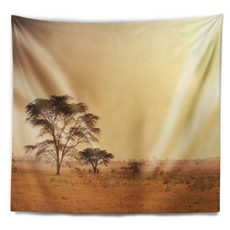 Arbres dans une grande tapisserie de paysage africain, H 68 po x l 80 po