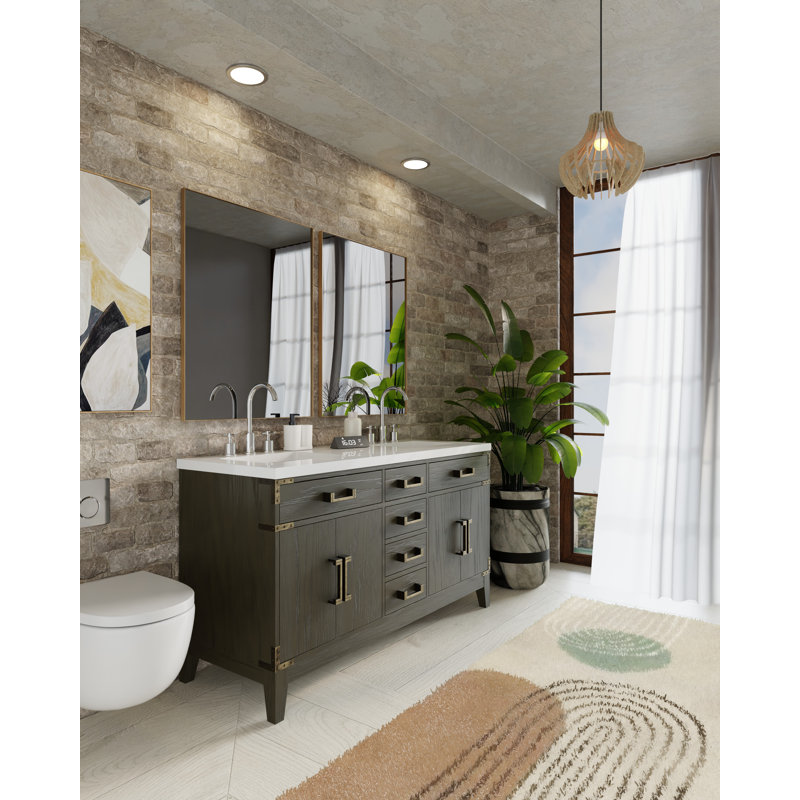 Laurel 60 in W x 22 in D Double Bath Vanity Top & Faucet Set, Brown Oak, White Quartz