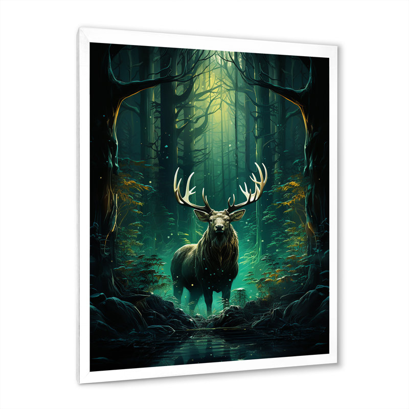 «Lagrant Teal Green Moose Enchanted Forest II», reproduction sur toile, H 20 po x l 12 po x P 1 po, Cadre photo blanc