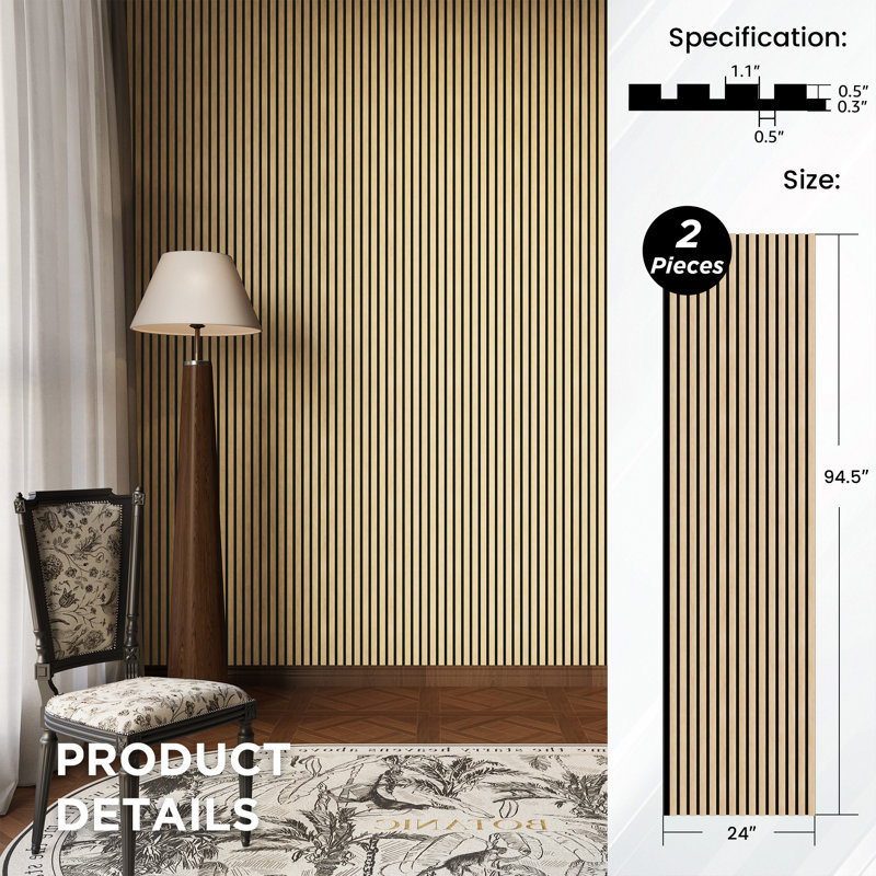 2 PCS 94"L x 24"W Acoustic Slat Wall Panels, Eco-Wood Look for Home/Office Wall & Ceiling (31.34 sq. ft.), White Oak