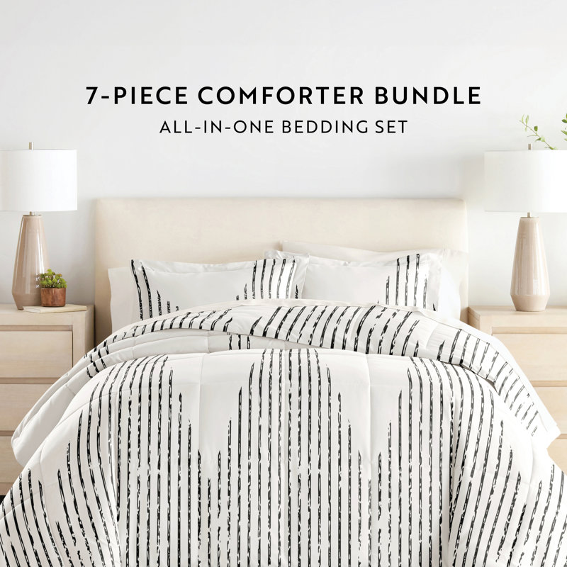 7-Piece Bedding Bundle - Pattern Comforter and Sheet Set, Queen Comforter + 1 Additional Piece, Gray Striped
