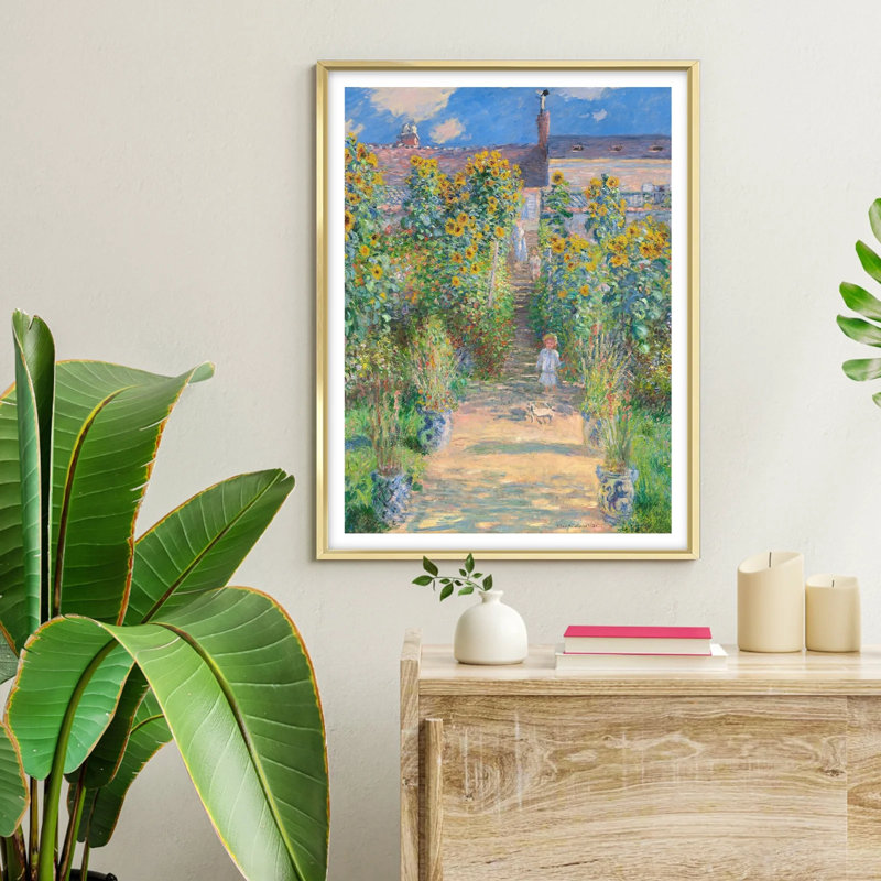 Jardin, art mural 8 x 10 pouces, chemin de tournesol de Monet, reproduction sur toile avec cadre en métal noir
