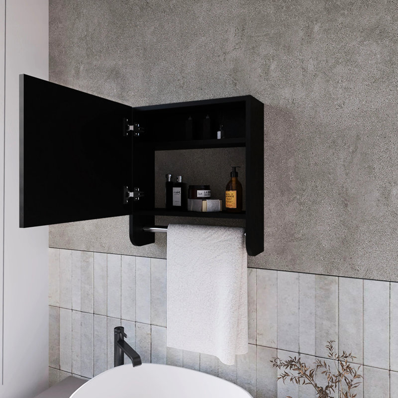 Wall Mounted Black Bathroom Cabinet With Towel Bar And Built-In Mirror - 5 10 In Deep Medicine For Space Efficient Option