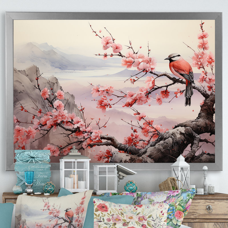 Oiseaux roses et bleus sur un arbre en fleurs de cerisier I - oiseau, art mural, Cadre de coin argenté fermé