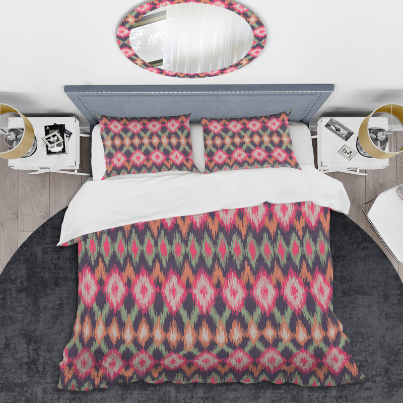 Ensemble de housse de couette à motif rose Ikat, Housse de couette simple + 1 taie décorative stan
