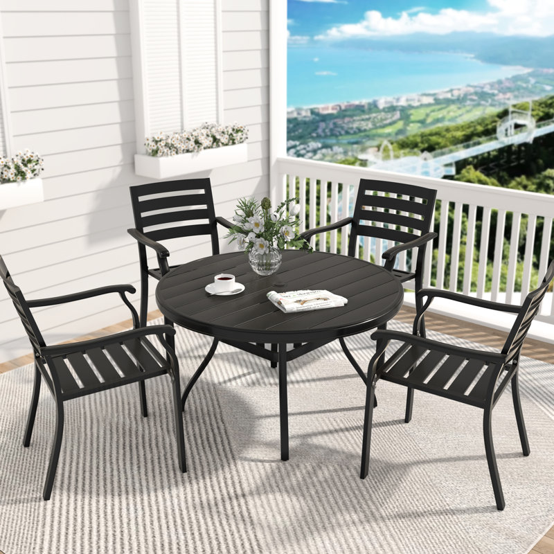 Outdoor Round Coffee Table, All - Weather Steel, 40.6"X40.6"X28.41", Umbrella Hole, Black For Backyard And Poolside Deck