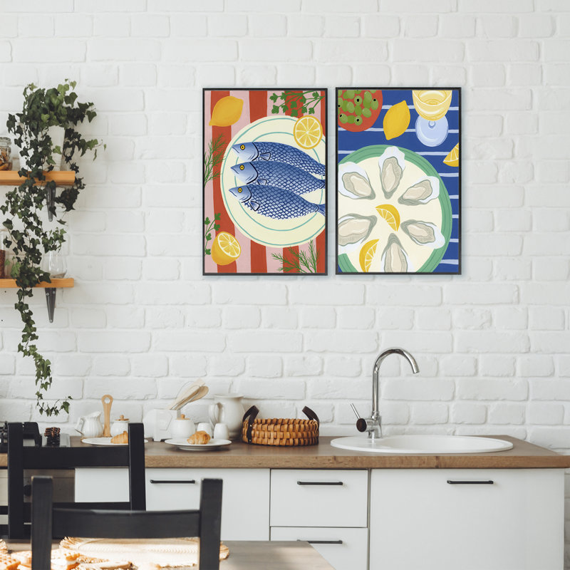 Ensemble de 2 giclées encadrées de fruits de mer de cuisine, design par Courtney Haley, H 18 po x l 24 po, Noir