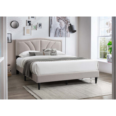 Cadre de lit tapissier moderne avec garniture cloutée en tissu de jute moderne moderne, aucun sommier tapissier requis