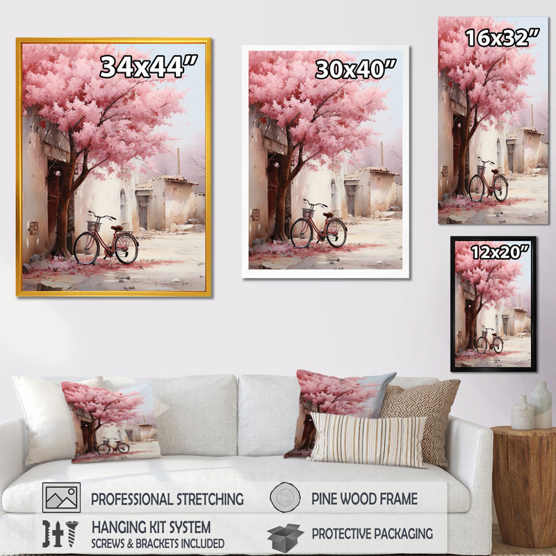"Vélo rose et blanc avec fleurs printanières I", Cadre flottant doré, H 32 po x l 24 po x P 1 po