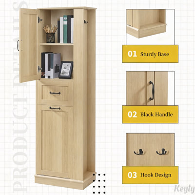 Armoire de rangement haute avec compartiment inclinable, charnières à fermeture douce et crochets latéraux
