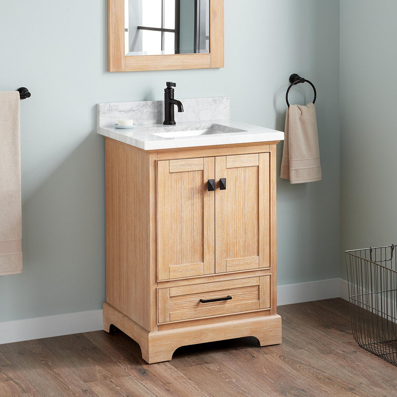 Quen 24" Freestanding Single Basin Vanity Set with Cabinet, Vanity Top, Single Hole, Driftwood Brown, Carrara Marble