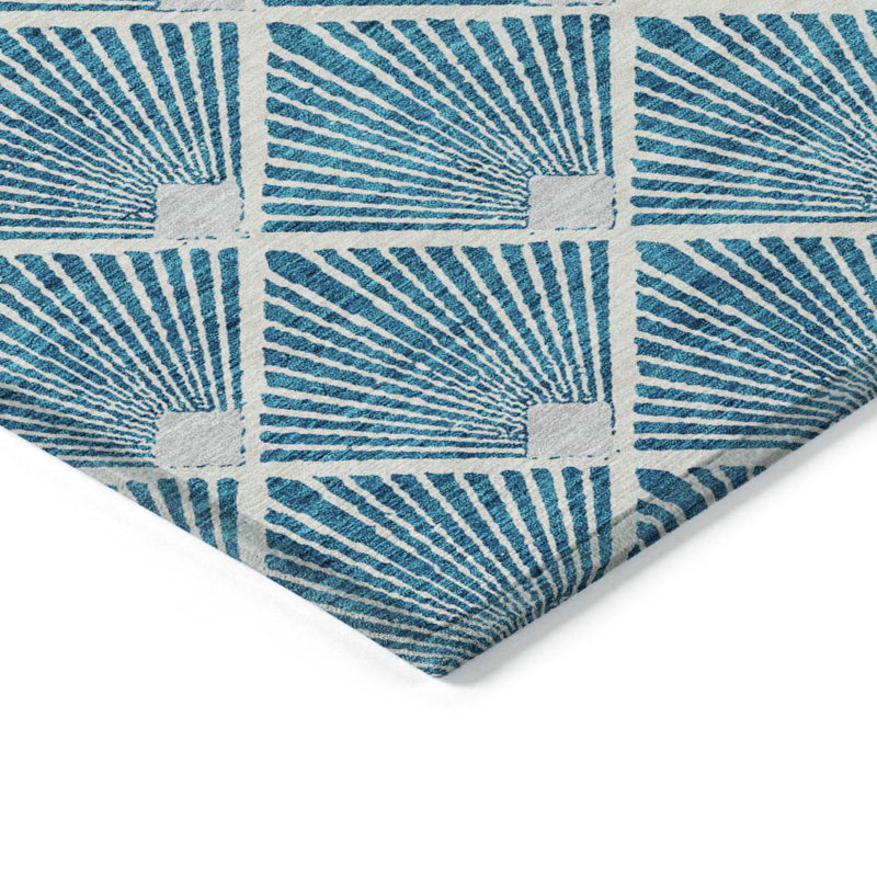 HomeRoots 3' X 5' Teal Blue And Ivory Geometric Washable Indoor Outdoor Area Rug