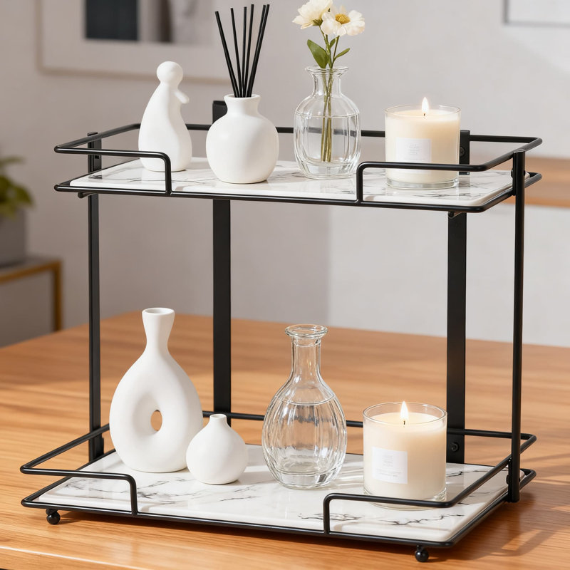 Organisateur de comptoir de salle de bain à 2 niveaux avec plateaux à motif de marbre, maquillage en métal robuste et étagère de rangement pour cosmétiques pour meuble-lavabo et commode