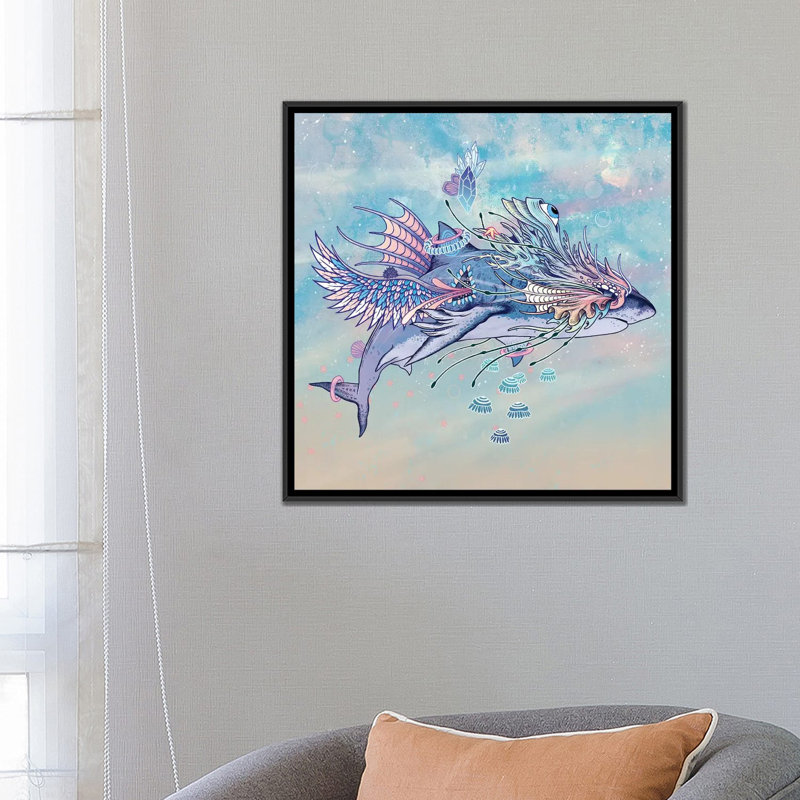 « voyageing rites requin », impression sur toile, H 18 po x l 18 po x P 1,5 po, Toile avec cadre noir, Pas de tapis