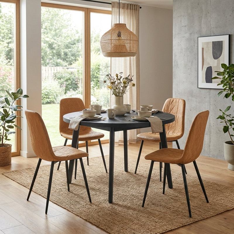 Ound Kitchen Table With Upholstered Chenille Fabric Leather Dining Chairs