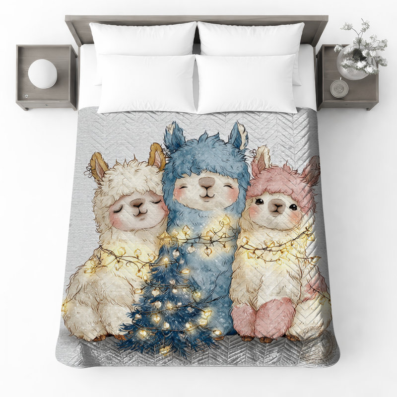 Illustration de couvre-lit avec des lamas et des lumières de Noël, Lit simple