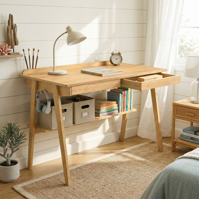 Bureau en bois massif pour petits espaces - Bureau d'écriture Mid-Century moderne avec deux tiroirs et tablette ouverte