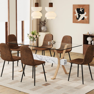 Table de salle à manger transparente en verre trempé: 71 po x 35,4 po avec 6 chaises brunes, idéale pour les dîners de fête