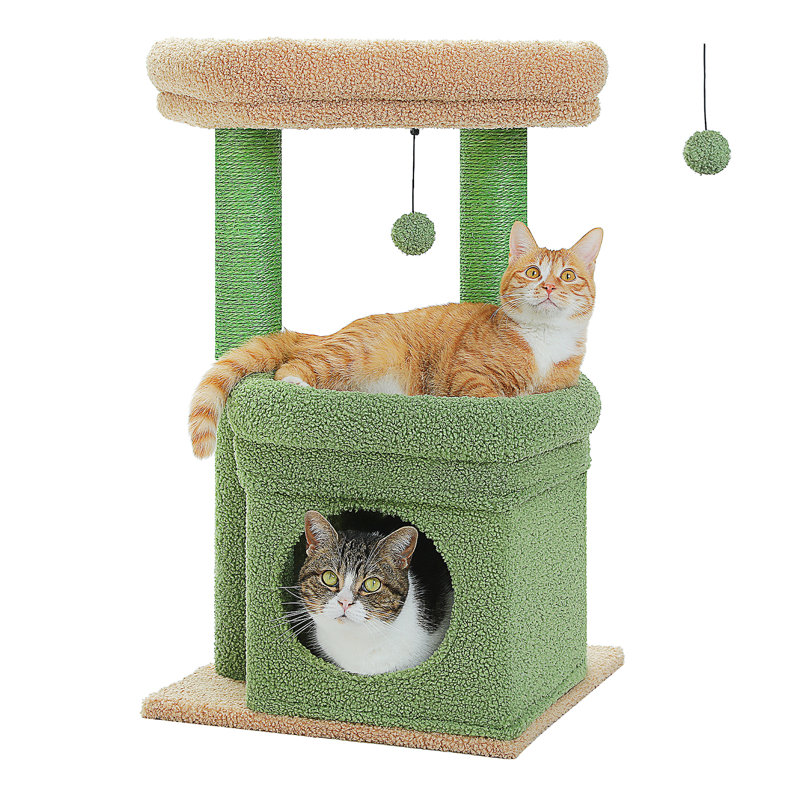 Arbre à chat, tour de chat en forme de cactus pour chats d'intérieur avec condo pour chat privé, poteaux à griffer en sisal naturel et pompon en peluche pour petits chats