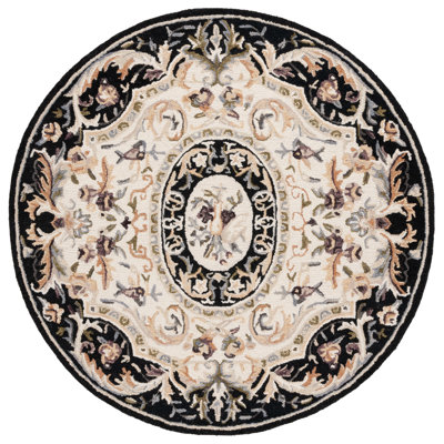 Savonnerie Hand Tufted Wool/Cotton Floral Rug in Black/Ivory/Ivory/Black